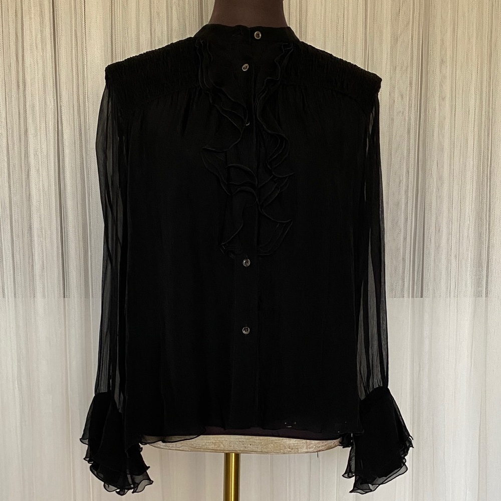 Vintage 80’s Samsonite 100% Silk Elegant Black Ruffled Sheer Women's Top/Blouse